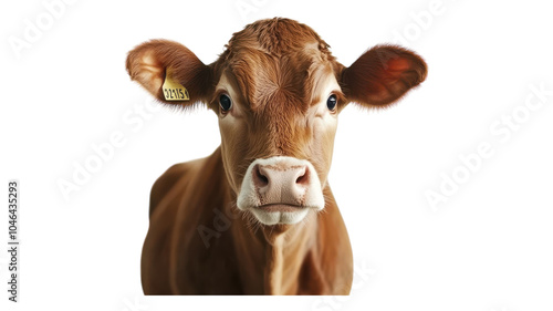 A close-up view of a young brown calf with identifying tag in a pasture setting, showcasing its curious expression in natural light.