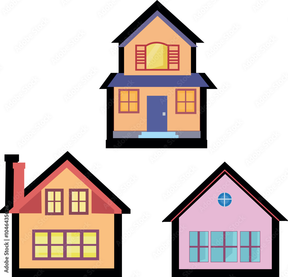 Three house icons with black outlines. Two brown houses, one pink house. Vector illustration Three house icons with black outlines. Two brown houses, one pink house. Vector illustration