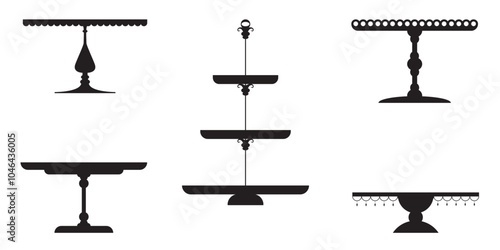 Wedding Tea Cake Platter, Isolated Stand Tray Silhouette. Retro Table Stand, Pedestal And Display Plate For Desserts, Sweet Food And Pastries. Serving Cake Display Platter, Tiered Stand