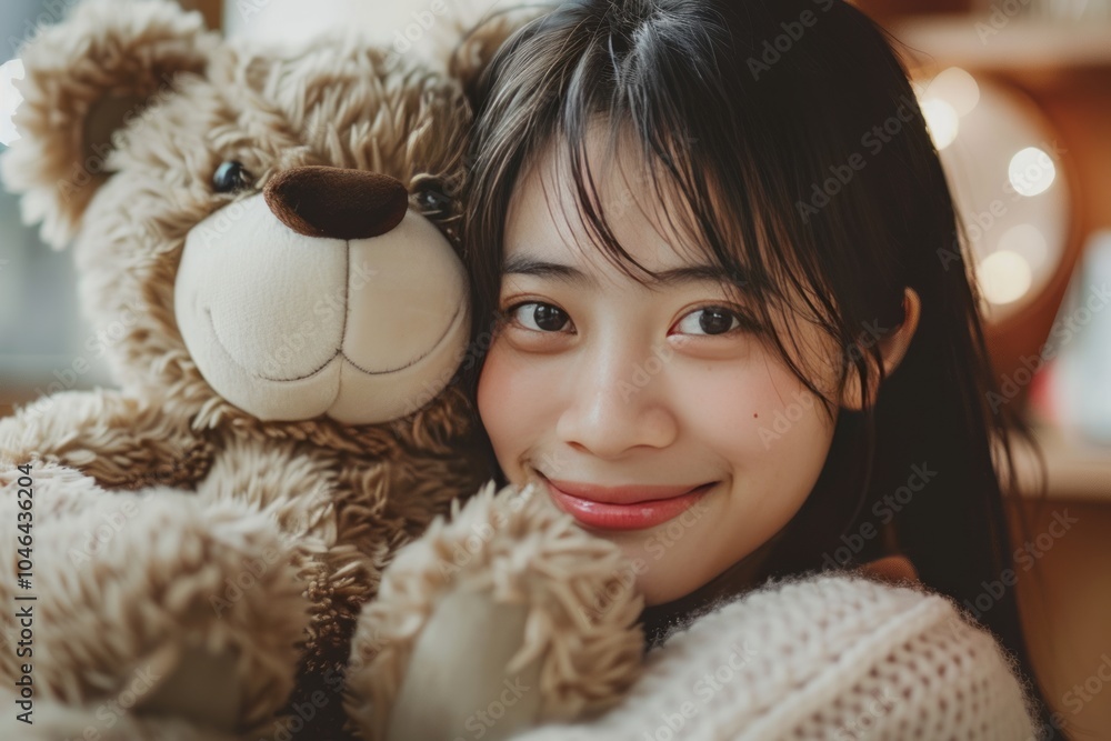 Woman with warm smile holding teddy bear in cozy indoor setting. Woman with warm smile holding teddy bear in cozy indoor setting.