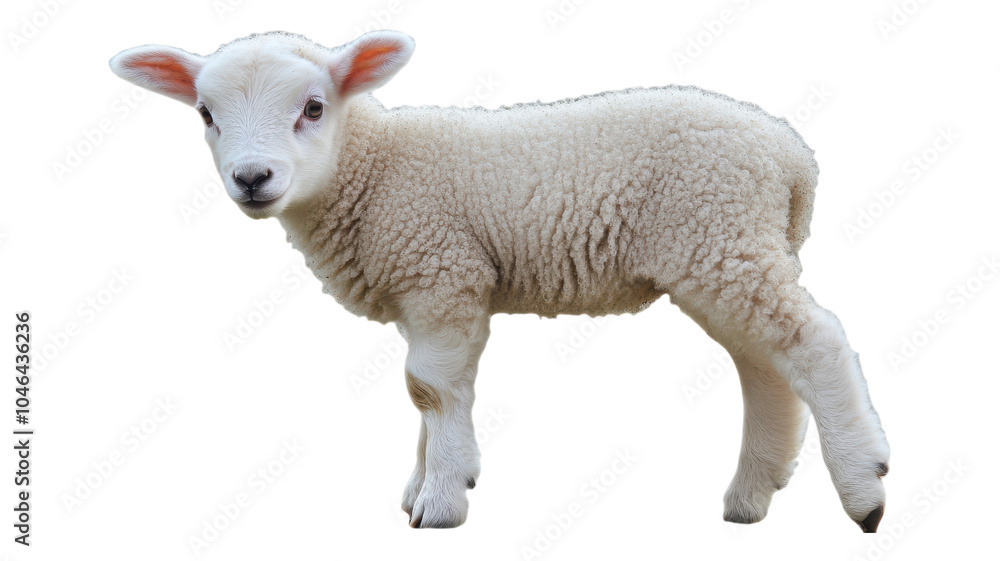 A cute white lamb standing on a transparent background displaying its fluffy wool and curious expression in a playful posture. A cute white lamb standing on a transparent background displaying its fluffy wool and curious expression in a playful posture.
