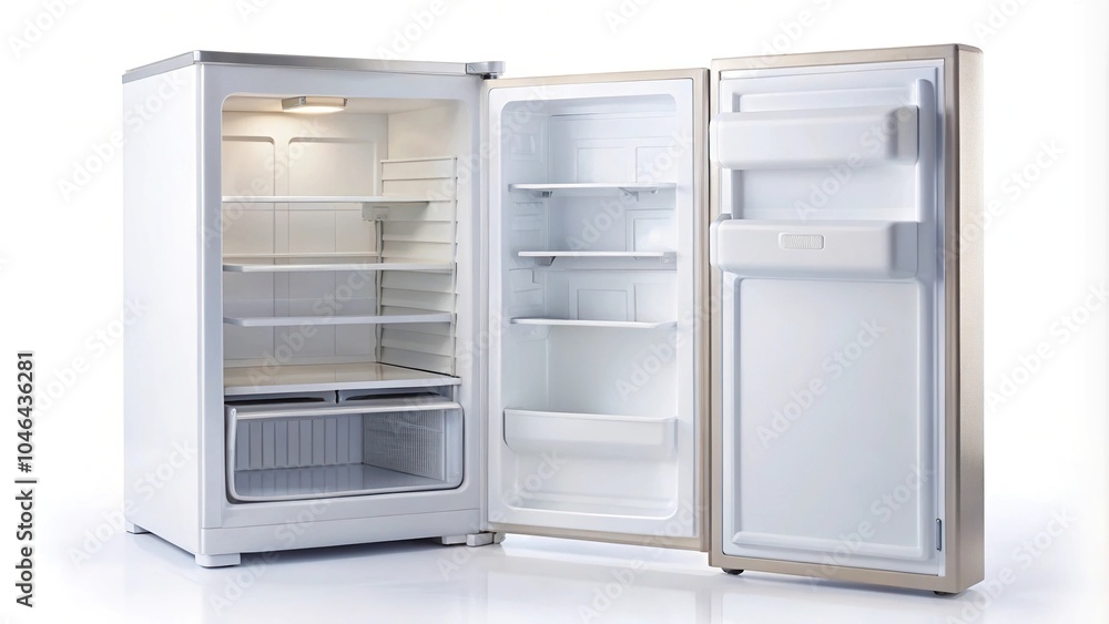 small refrigerator open and closed on a white background High Angle small refrigerator open and closed on a white background High Angle