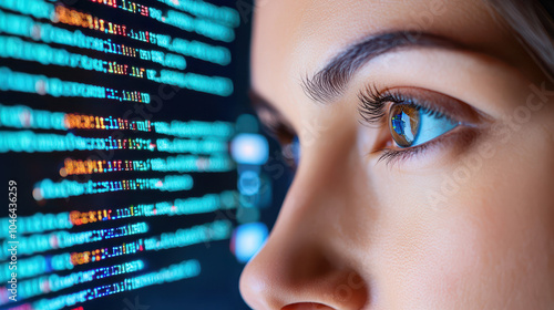 Close-up portrait of a woman focused on computer code displayed on a screen, showcasing her deep concentration and engagement with technology