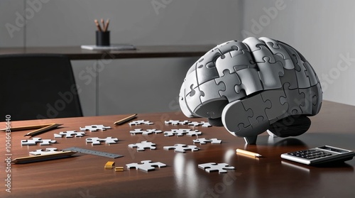Creative Office Workspace Featuring a Brain Puzzle Representation Symbolizing Problem Solving and Innovation