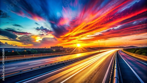 Dynamic Light Trails on a Highway at Sunset - Neon Colors, High-Speed Traffic, Landscape Photography, Dazzling Skies, Scenic Views, Motion Blur, Urban Landscapes photo