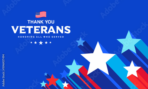 Veterans day background design with 
Thank You Veterans, Honoring all who served, 
blue red stars american flag background, cards, 
social media post, marketing ads, web, banners, 
November 11, USA