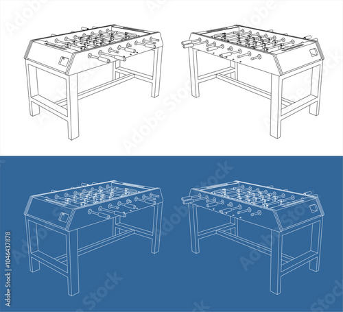 foosball table vector . hand football or soccer game technical drawing blueprints line drawings isolated on transparent background