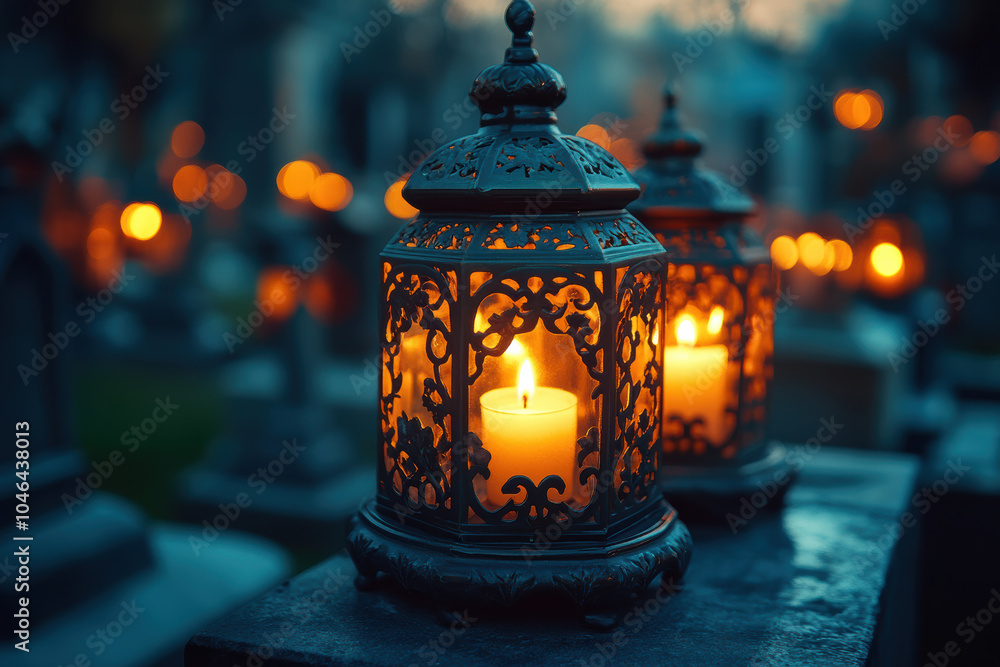 Blurred Background of Cemetery Lanterns with Candles Blurred Background of Cemetery Lanterns with Candles