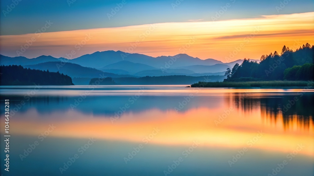 Serene layered landscape at dusk with dark surface Serene layered landscape at dusk with dark surface