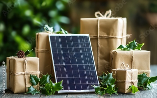 Solar Panel Surrounded by Eco-Friendly Gift Wrapping: A solar panel standing beside presents wrapped in eco-friendly, brown paper with natural twine and green leaves as decoration, photo