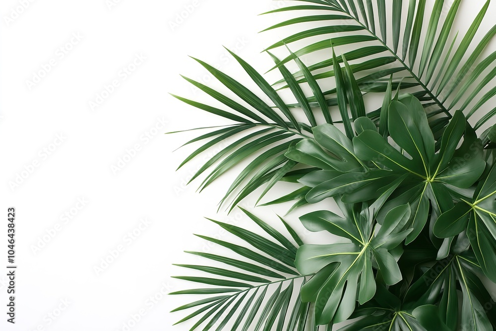 Lifelike palm leaf shrubs arranged in a corner against a white background. Lifelike palm leaf shrubs arranged in a corner against a white background.