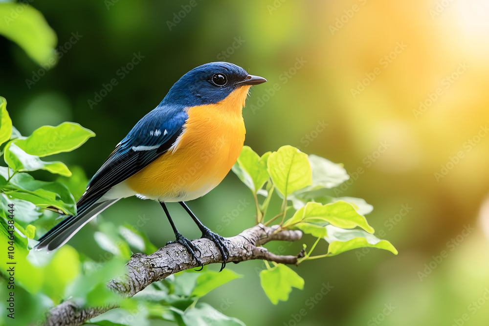 A vibrant blue and orange bird perched on a branch surrounded by lush green leaves in nature's serenity A vibrant blue and orange bird perched on a branch surrounded by lush green leaves in nature's serenity