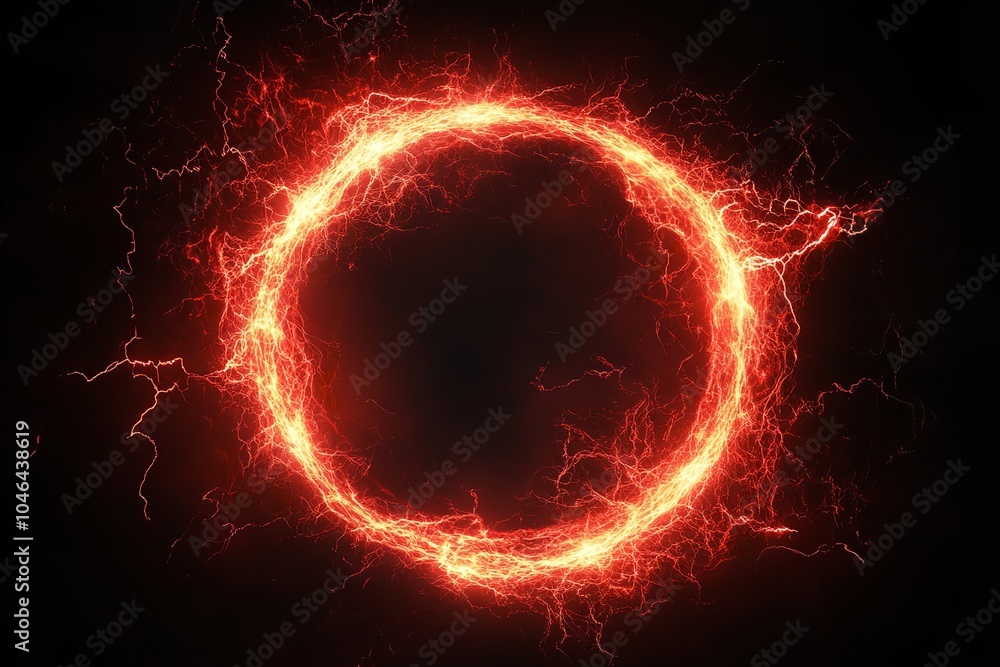 Red abstract circular plasma lightning particle effect with a swirling glow ring, featuring particle effects layered over an isolated black background. Red abstract circular plasma lightning particle effect with a swirling glow ring, featuring particle effects layered over an isolated black background.