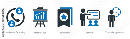 A set of 5 business icons as audio conferencing, presentation, bookmark
