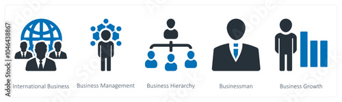 A set of 5 business icons as international business, business management, business hierarchy