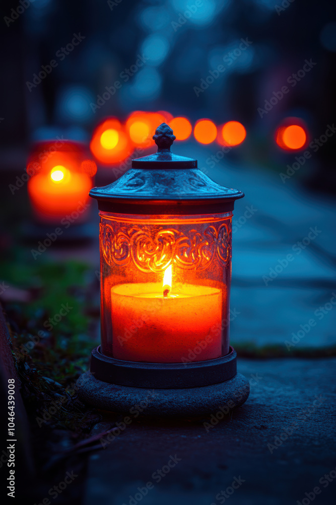 Memorial Lanterns with Candles at a Cemetery Memorial Lanterns with Candles at a Cemetery