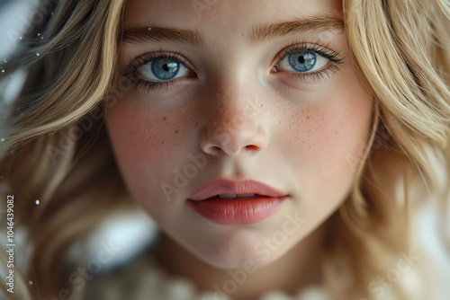 A close up of a young girl with blue eyes