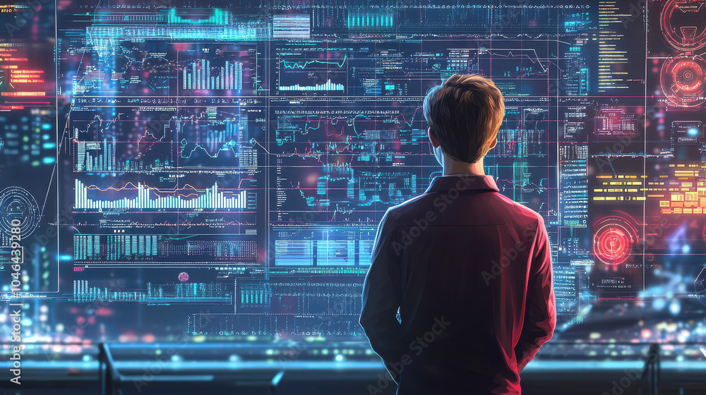 Person observing futuristic data dashboard with graphs and statistics, engaged in technology analysis and decision-making Person observing futuristic data dashboard with graphs and statistics, engaged in technology analysis and decision-making