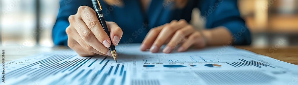 Analyzing data and making important decisions, person is focused on reviewing charts and graphs on document. environment suggests professional setting Analyzing data and making important decisions, person is focused on reviewing charts and graphs on document. environment suggests professional setting