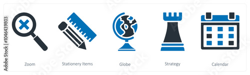 A set of 5 business icons as zoom, stationery items, globe