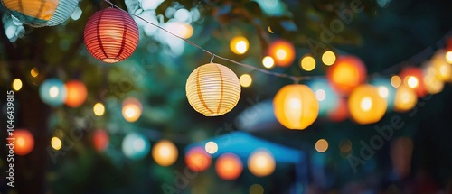 Bunte Lampions als Dekoration bei einer Gartenparty im Sommer 