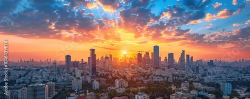 Tel Aviv city skyline under bright blue sky with clouds. Modern skyscrapers and urban landscape.