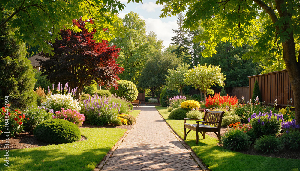 Fototapeta premium Vibrant Garden Pathway Surrounded by Colorful Flowers and Lush Greenery, nursing concept 