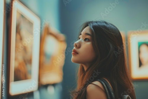 Young Woman Admiring Art in a Modern Gallery with Soft Lighting Free Download Young Woman Admiring Art in a Modern Gallery with Soft Lighting - GFXLoad