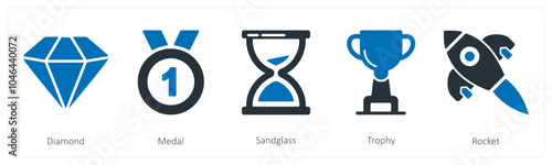 A set of 5 business icons as diamond, medal, sandglass
