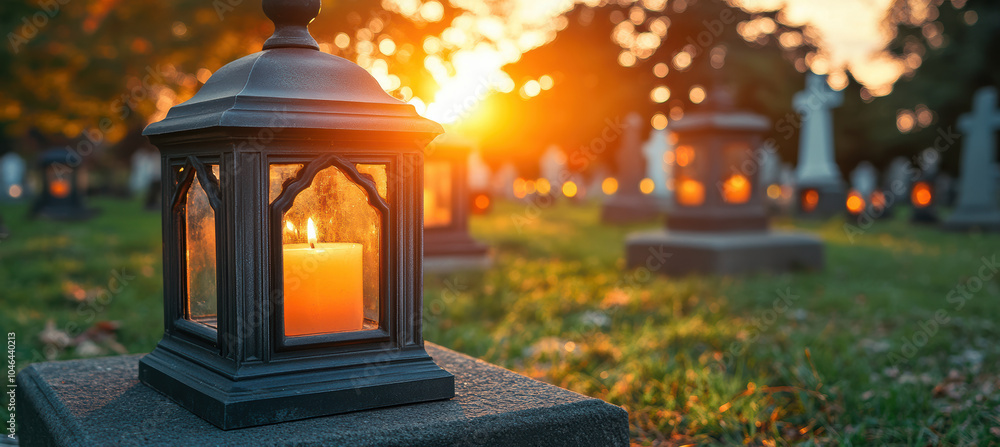Soft glow of candles in glass lanterns, cemetery scene Soft glow of candles in glass lanterns, cemetery scene