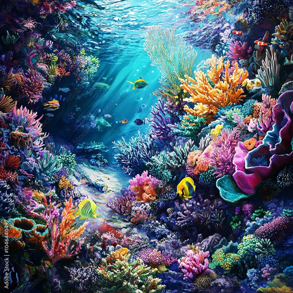A vibrant coral reef teeming with marine life, its kaleidoscopic colors and intricate textures painting A vibrant coral reef teeming with marine life, its kaleidoscopic colors and intricate textures painting
