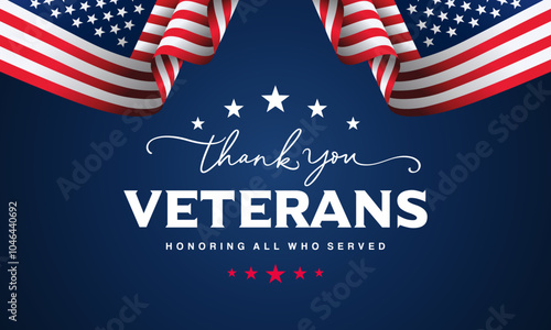 Thank You Veterans with USA flag waving 
on blue background patriotic border design 
for Honoring all who served, american flag clipart, 
Veterans day background design vector