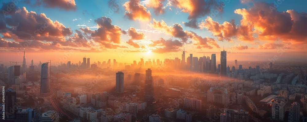 Tel Aviv city skyline under bright blue sky with clouds. Modern skyscrapers and urban landscape.