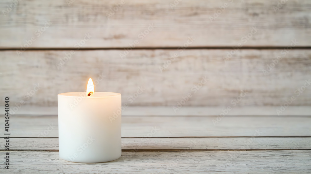 A minimalistic scene with a lit candle on a wooden surface A minimalistic scene with a lit candle on a wooden surface