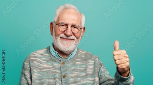 Smiling Man Giving Thumbs Up, on a solid color background.