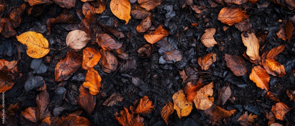 A close-up of autumn leaves on dark soil, showcasing nature's seasonal beauty. A close-up of autumn leaves on dark soil, showcasing nature's seasonal beauty.