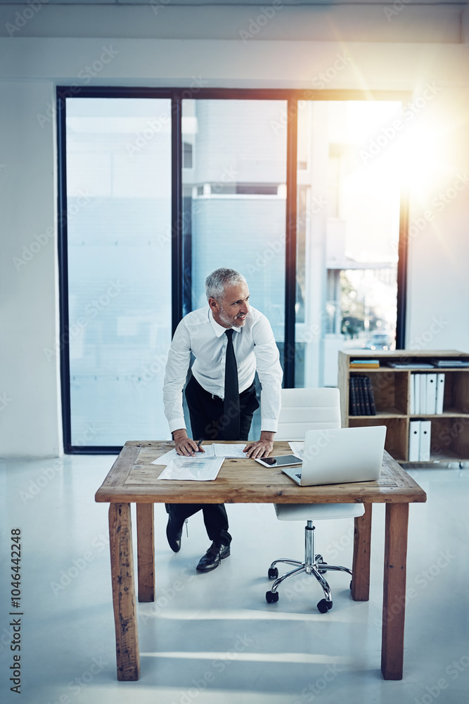 Mature, businessman and thinking with notebook in office as accountant in financial agency. Male person, tech and documents at desk for investment opportunity, idea or planning as management for bank Mature, businessman and thinking with notebook in office as accountant in financial agency. Male person, tech and documents at desk for investment opportunity, idea or planning as management for bank