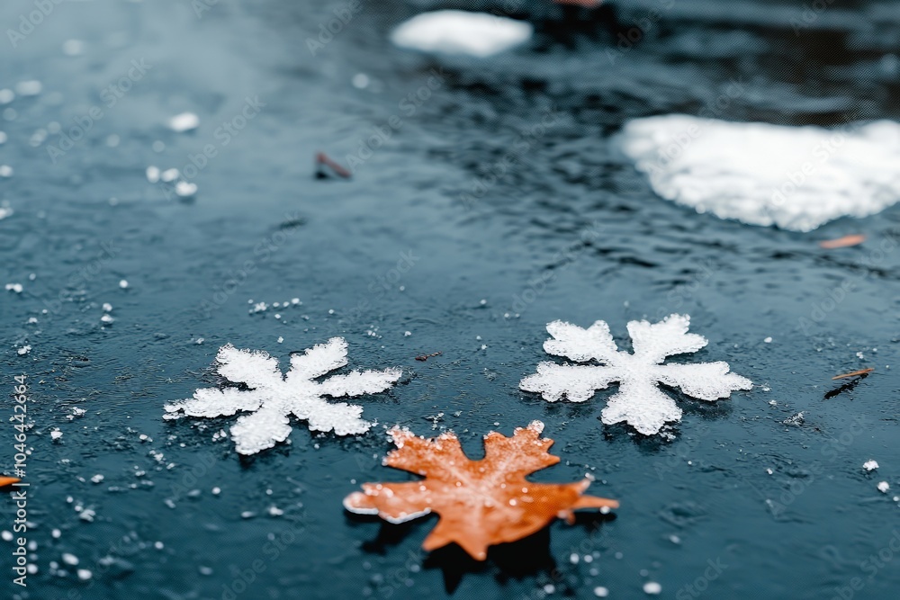 Description
A close-up view of snowflakes and autumn leaves on a wet surface, showcasing the contrast between winter and fall elements. Description
A close-up view of snowflakes and autumn leaves on a wet surface, showcasing the contrast between winter and fall elements.