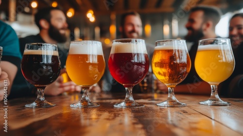 A group of friends enjoying various craft beers displayed in elegant glasses on a rustic wooden table in a cozy setting.