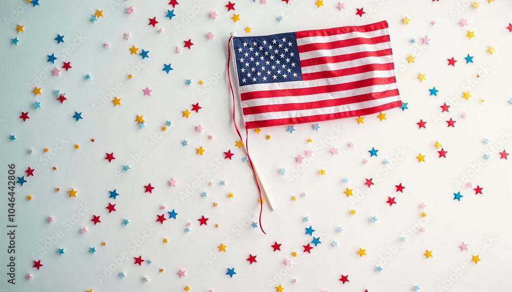 Obraz premium ird's eye view of the USA national flag displayed prominently, with colorful stars confetti scattered across a clean white surface leaving a large blank area for advertising or written content