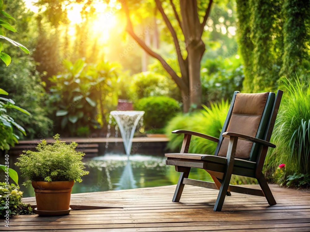 Elegant Black Chair on Wooden Patio in Lush Green Garden with Fountain, Outdoor Serenity, Tranquil Home Environment, Nature Escape, Stylish Outdoor Living Elegant Black Chair on Wooden Patio in Lush Green Garden with Fountain, Outdoor Serenity, Tranquil Home Environment, Nature Escape, Stylish Outdoor Living