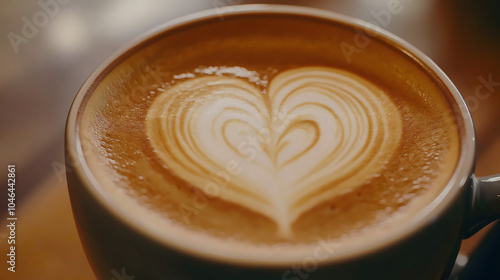 A heart-shaped cup of cappuccino with milk, symbolizing love, warmth and loneliness. A cozy and romantic atmosphere.