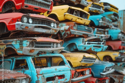 Colorful cars in junkyard