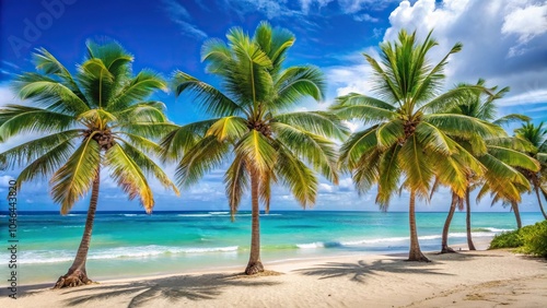 Palm trees swaying in the breeze with a calm turquoise ocean and sandy beach in the background, natural beauty, tropical palms, beachy palm trees, serene beach scene