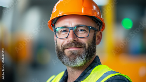 Smiling construction worker wearing safety gear on site, showcasing professionalism, confidence, and dedication in industrial setting.