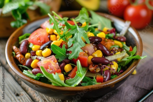 Colorful salad with boiled red beans sweet corn and fresh tomato slices