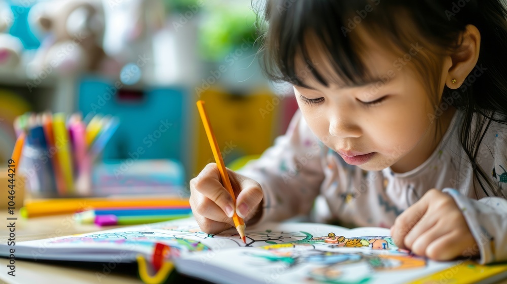Asian girl drawing a whimsical animal party with clean lines in her book. Asian girl drawing a whimsical animal party with clean lines in her book.