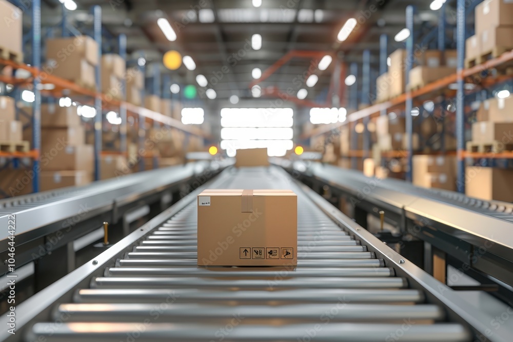 Concept of shipping packages utilizing cardboard boxes on a conveyor belt in a warehouse Concept of shipping packages utilizing cardboard boxes on a conveyor belt in a warehouse