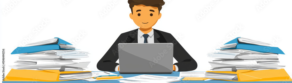 businessman is sitting at desk surrounded by stacks of paperwork, focused on his laptop. scene conveys sense of diligence and productivity in busy work environment businessman is sitting at desk surrounded by stacks of paperwork, focused on his laptop. scene conveys sense of diligence and productivity in busy work environment