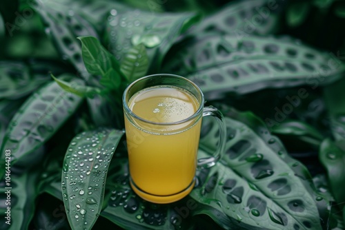 Aromatic ginger tea with honey and mint, captured in nature s embrace among lush greenery photo